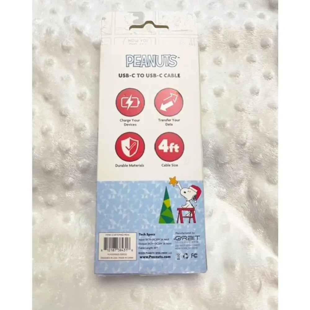 Peanuts 4' USB-C to USB-C Charging Cable, Festive Holiday Design-NIB